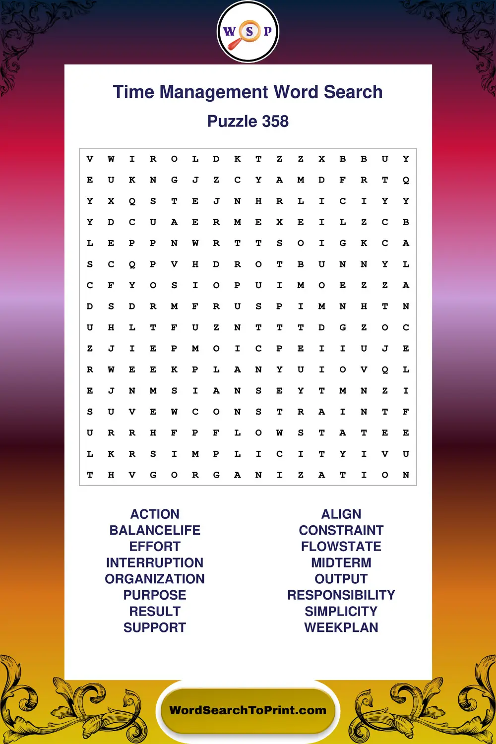 Time Management Word Search Puzzle 358