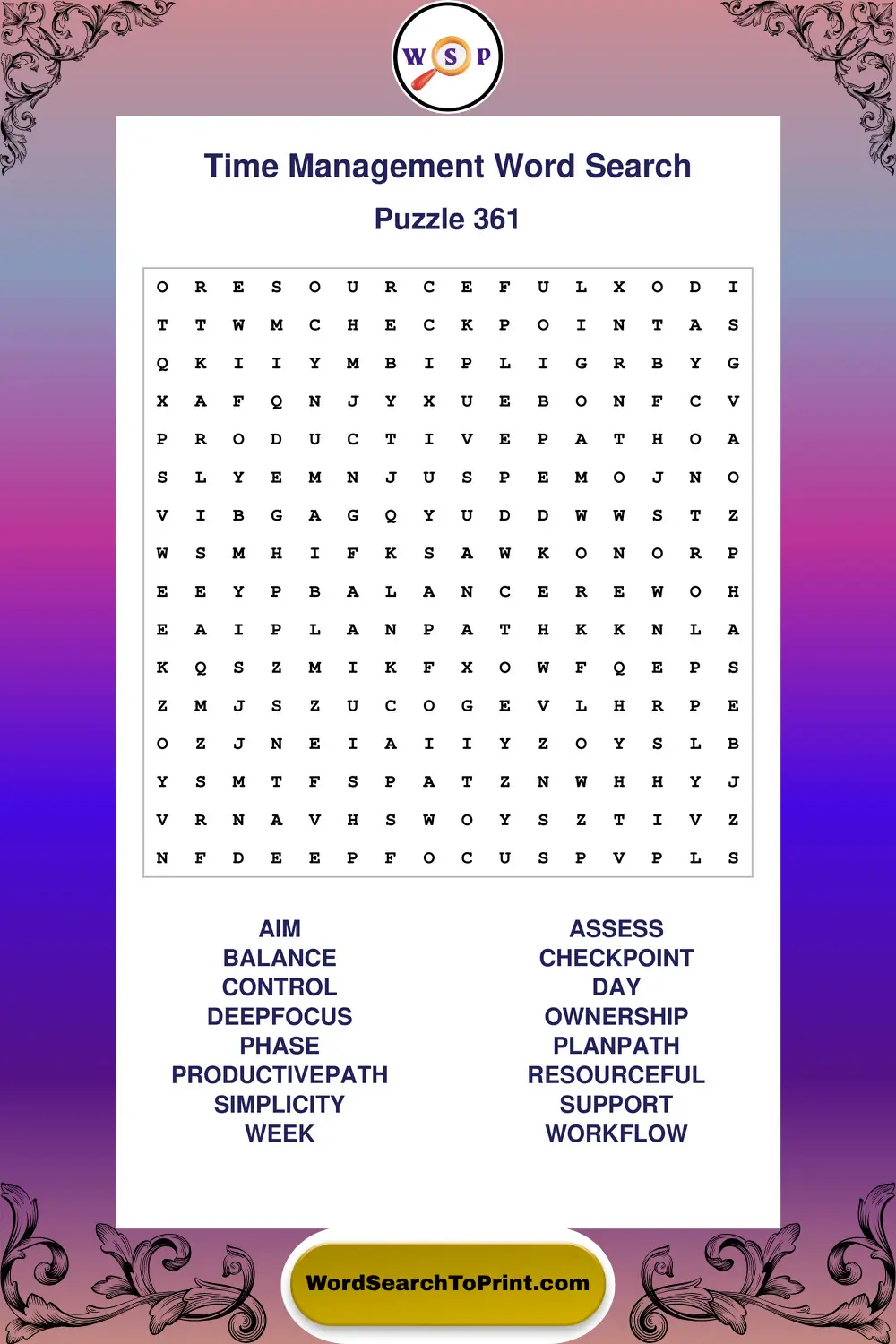 Time Management Word Search Puzzle 361