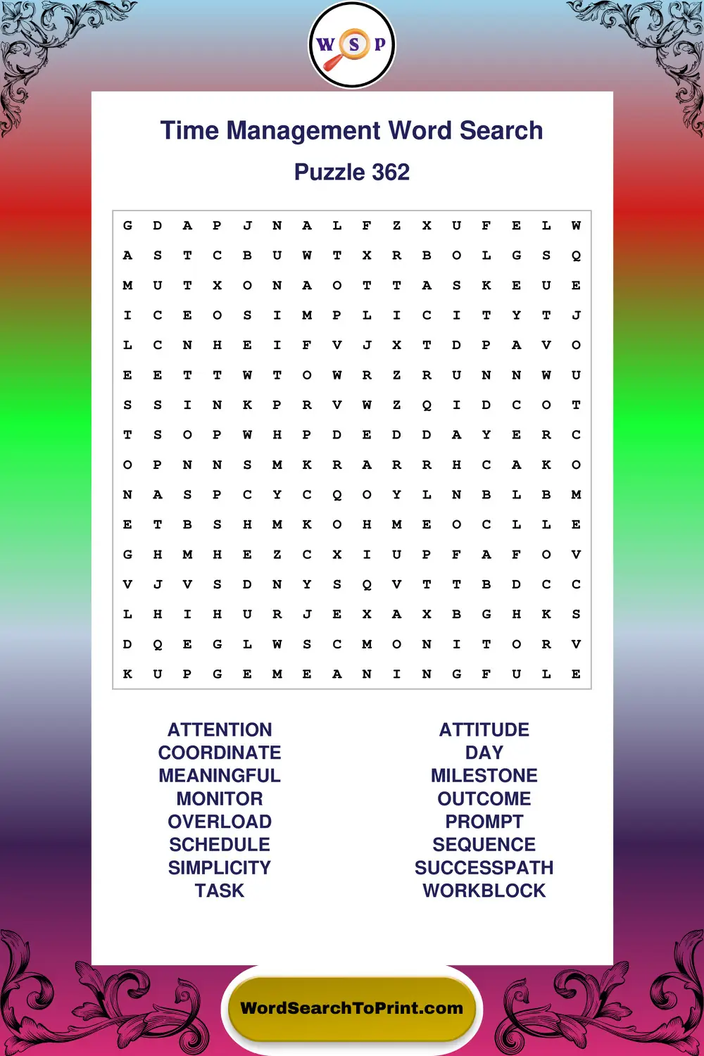 Time Management Word Search Puzzle 362