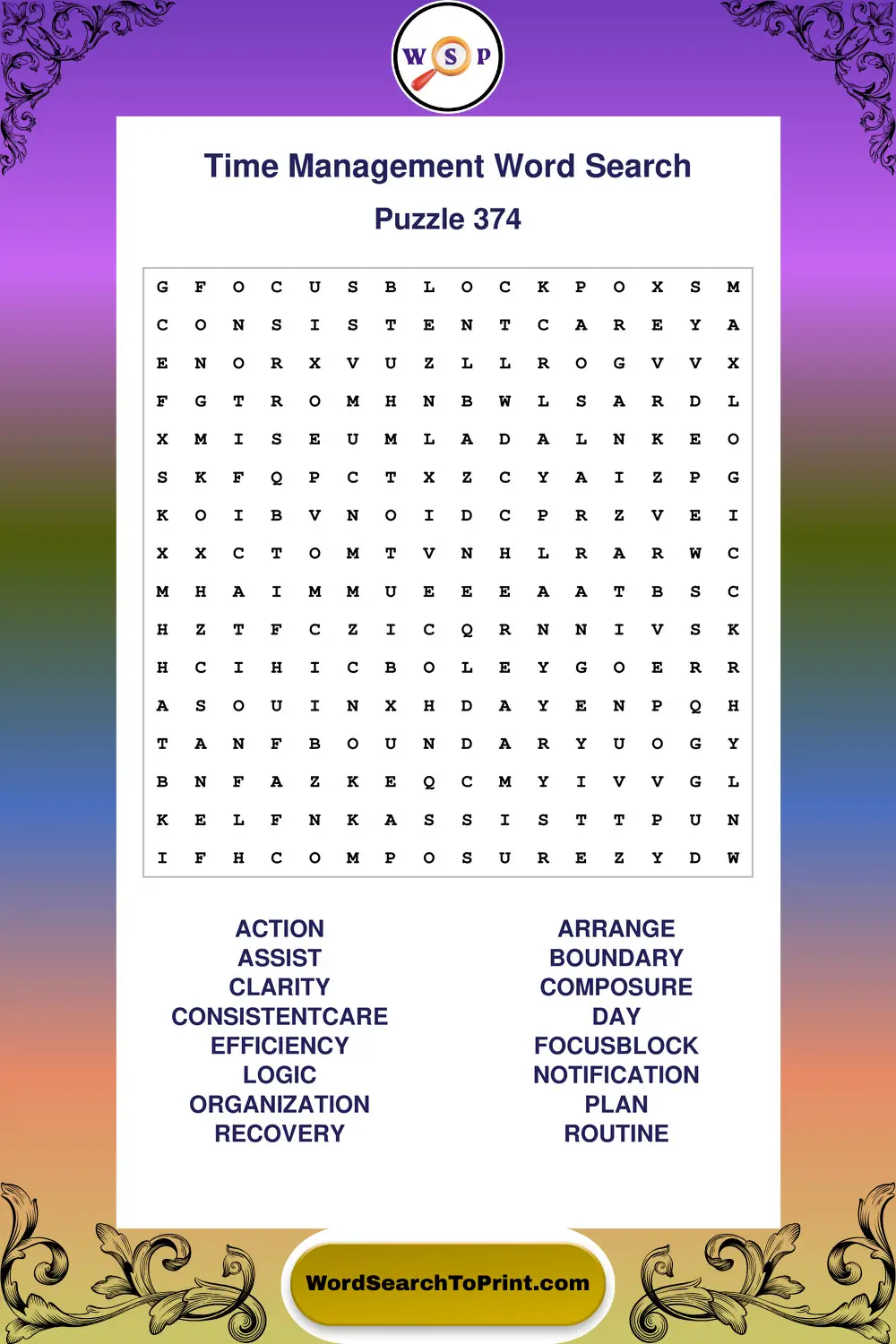 Time Management Word Search Puzzle 374