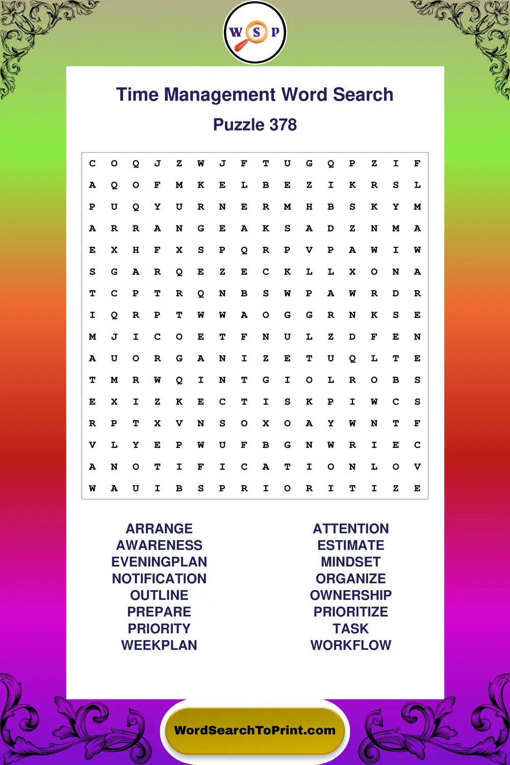 Time Management Word Search Puzzle 378