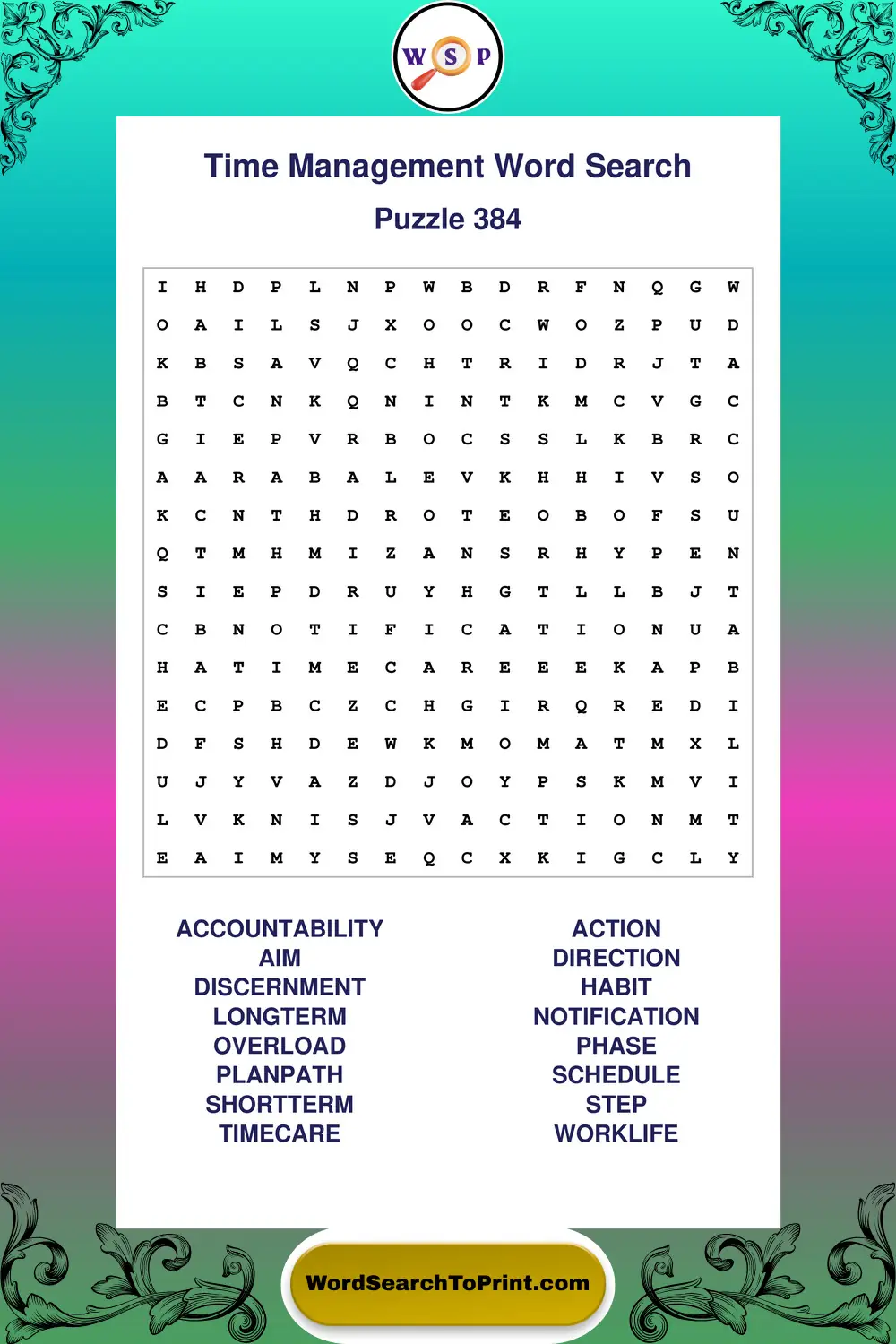 Time Management Word Search Puzzle 384