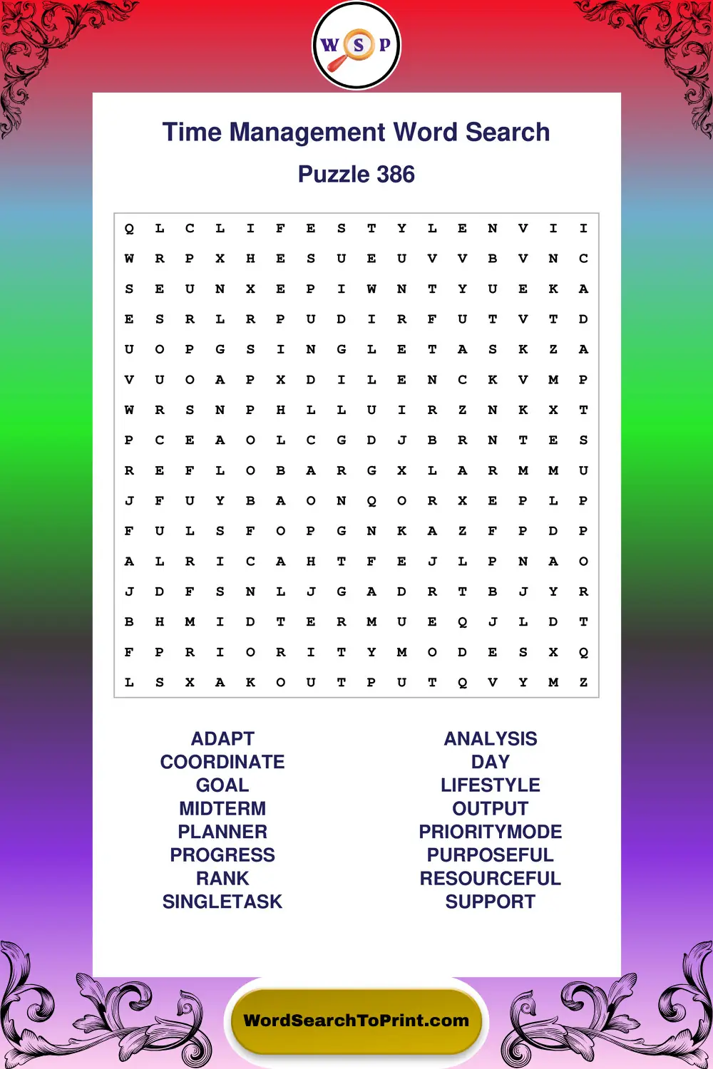 Time Management Word Search Puzzle 386