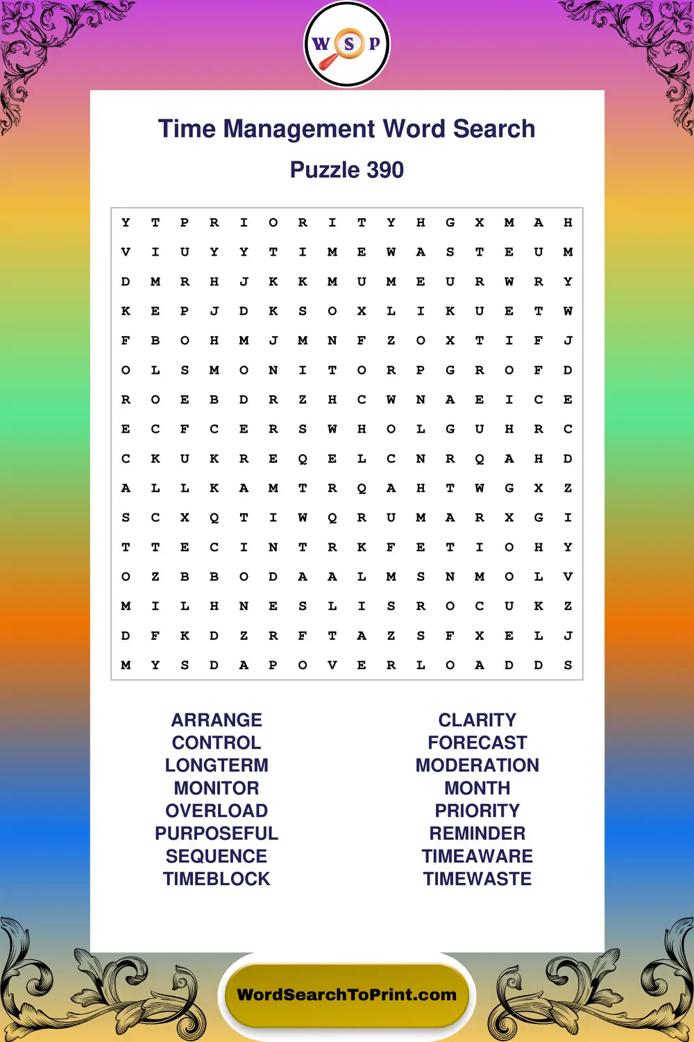 Time Management Word Search Puzzle 390