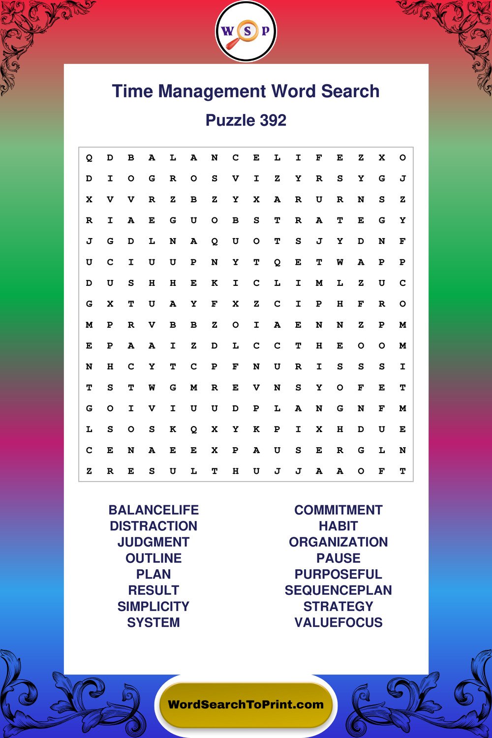 Time Management Word Search Puzzle 392