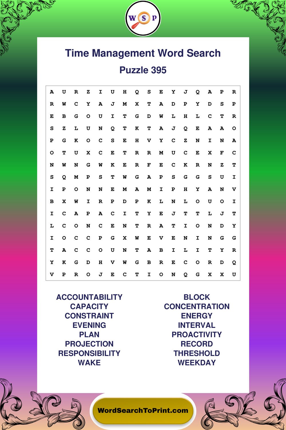 Time Management Word Search Puzzle 395