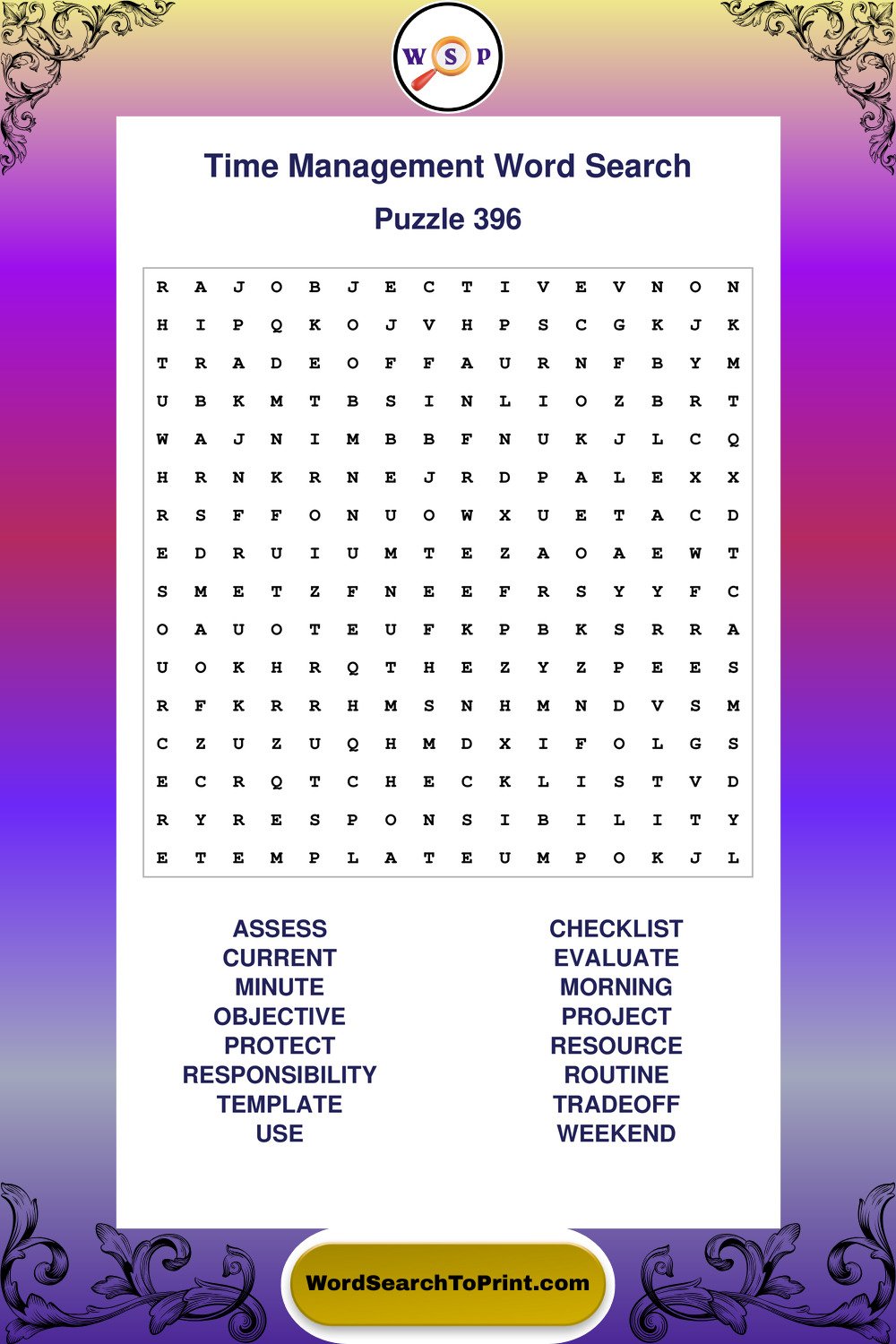 Time Management Word Search Puzzle 396