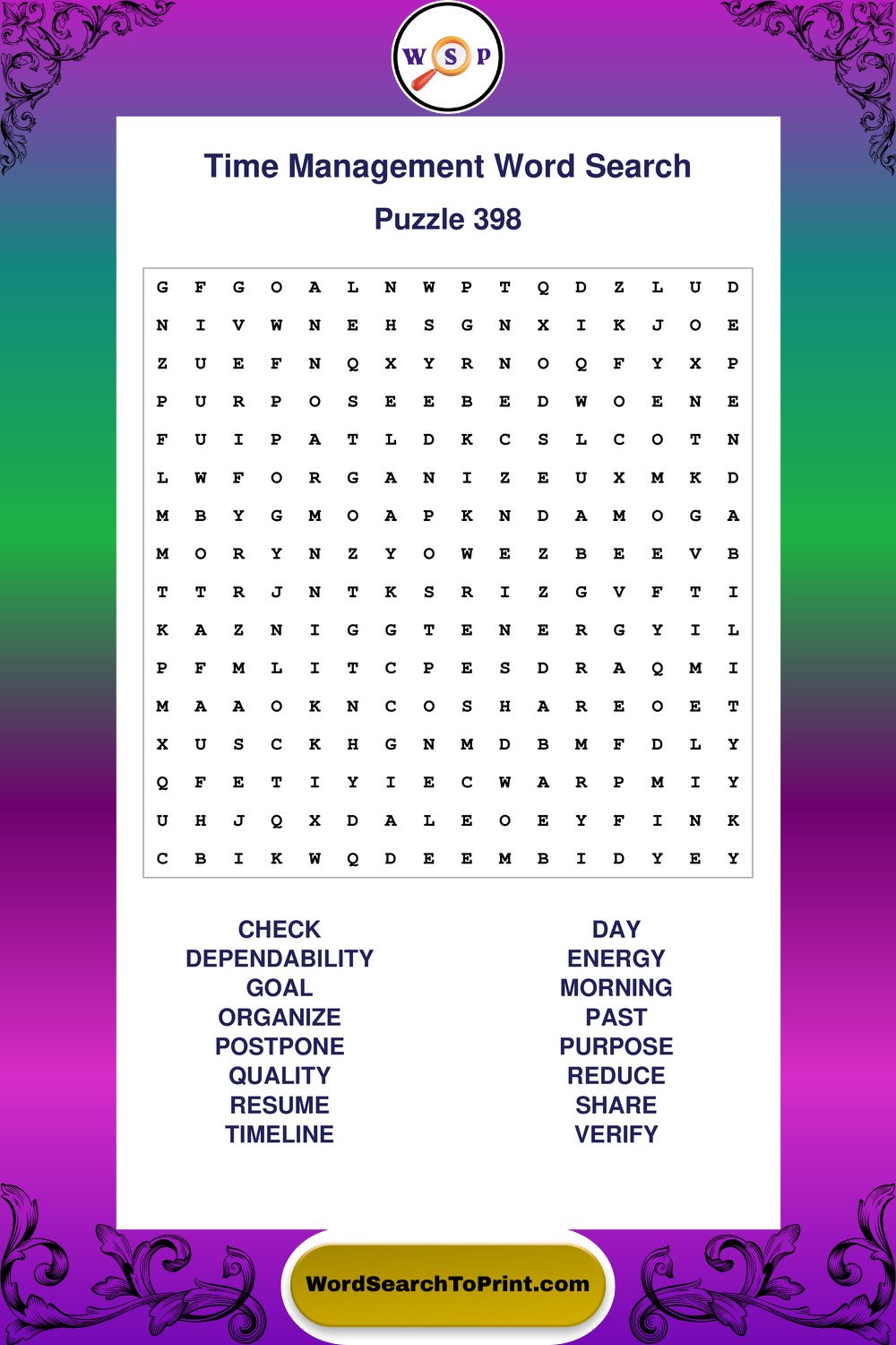 Time Management Word Search Puzzle 398