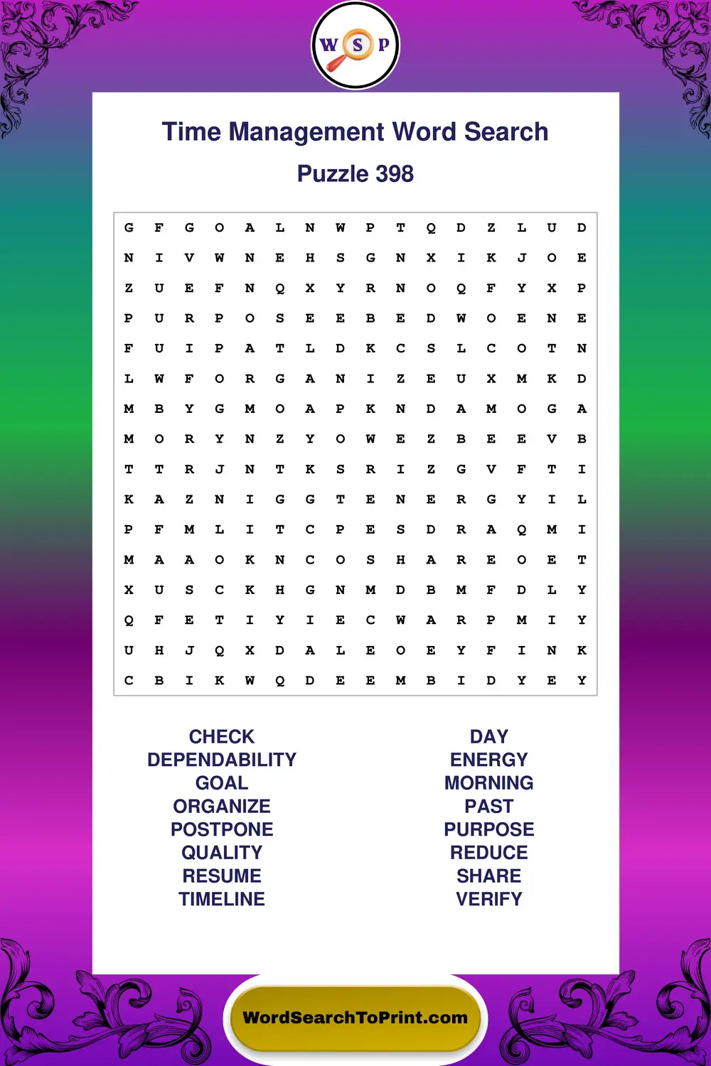 Time Management Word Search Puzzle 398
