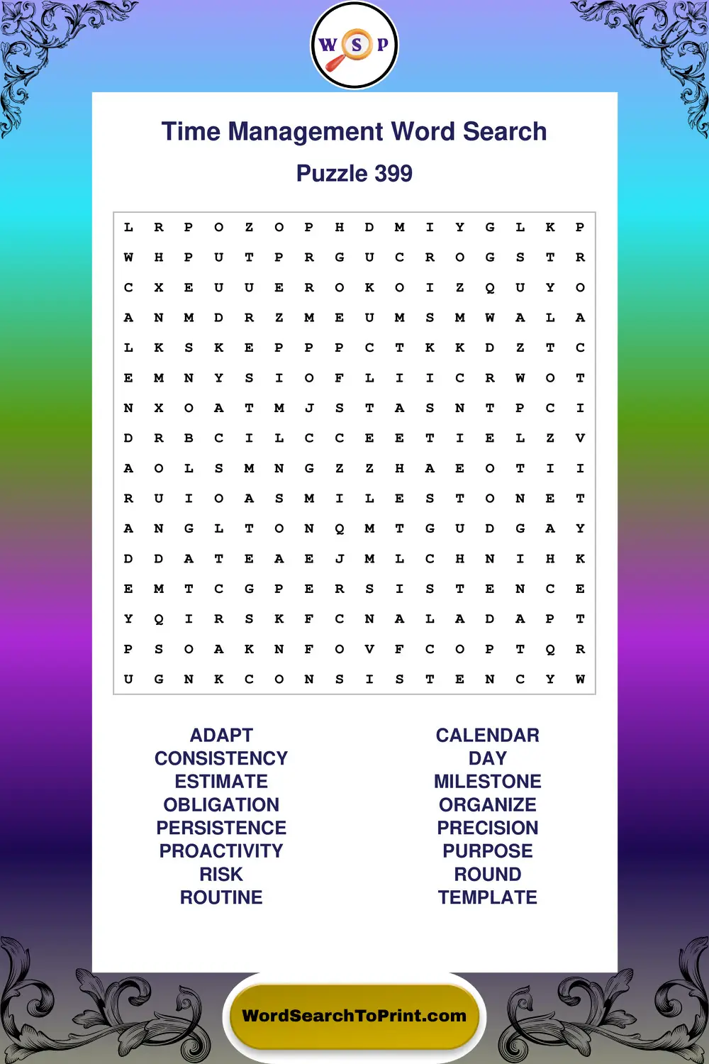 Time Management Word Search Puzzle 399