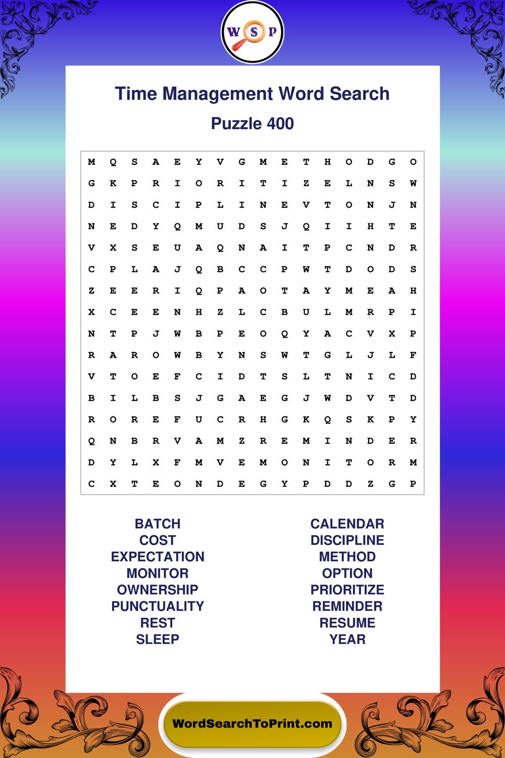 Time Management Word Search Puzzle 400