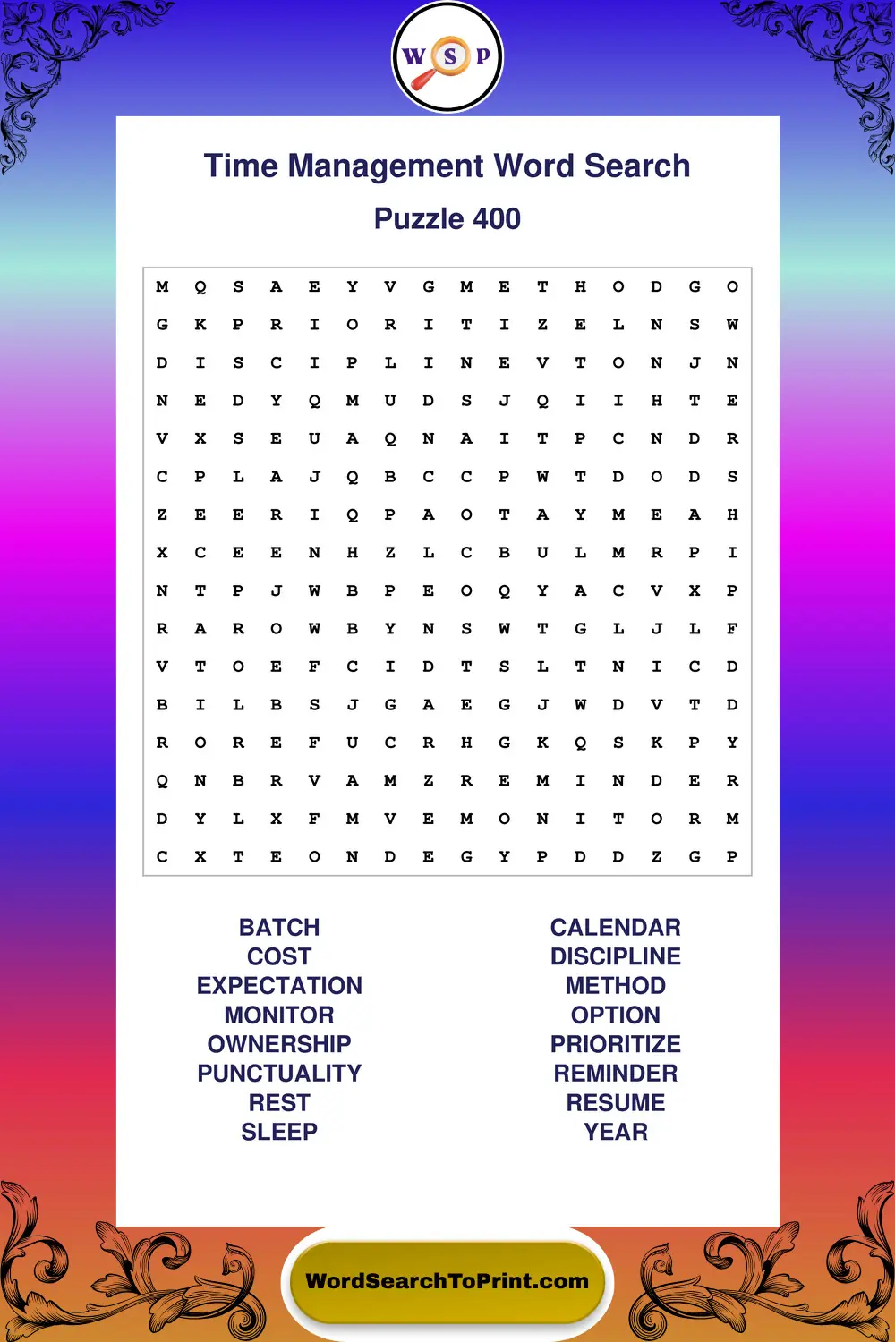 Time Management Word Search Puzzle 400