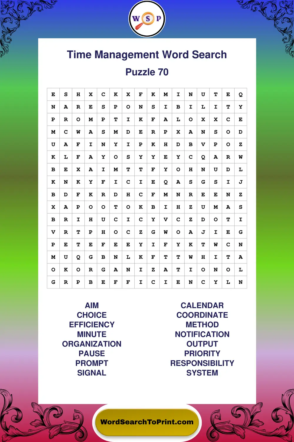 Time Management Word Search Puzzle 70