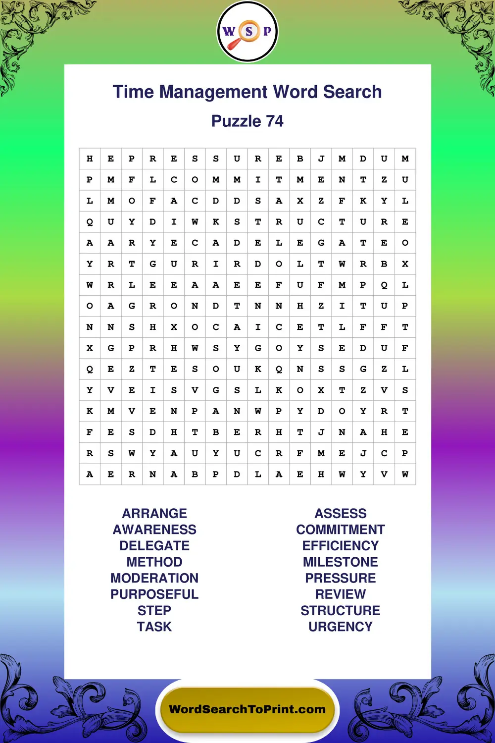 Time Management Word Search Puzzle 74