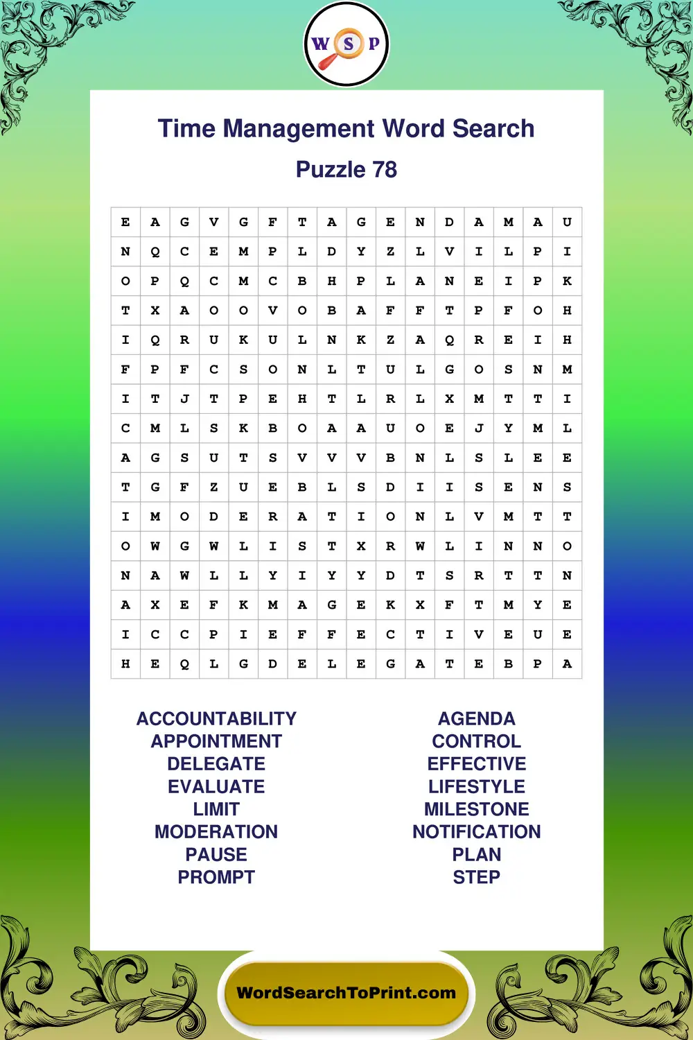 Time Management Word Search Puzzle 78