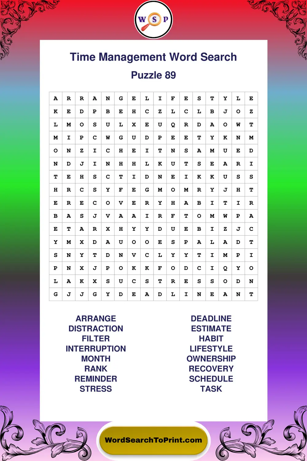 Time Management Word Search Puzzle 89