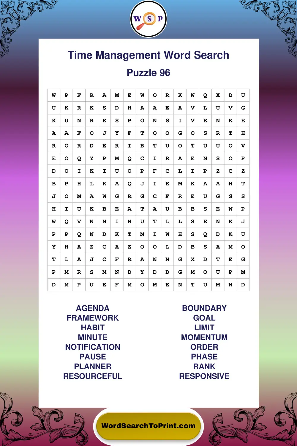 Time Management Word Search Puzzle 96