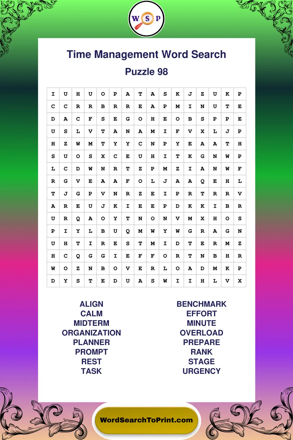 Time Management Word Search Puzzle 98