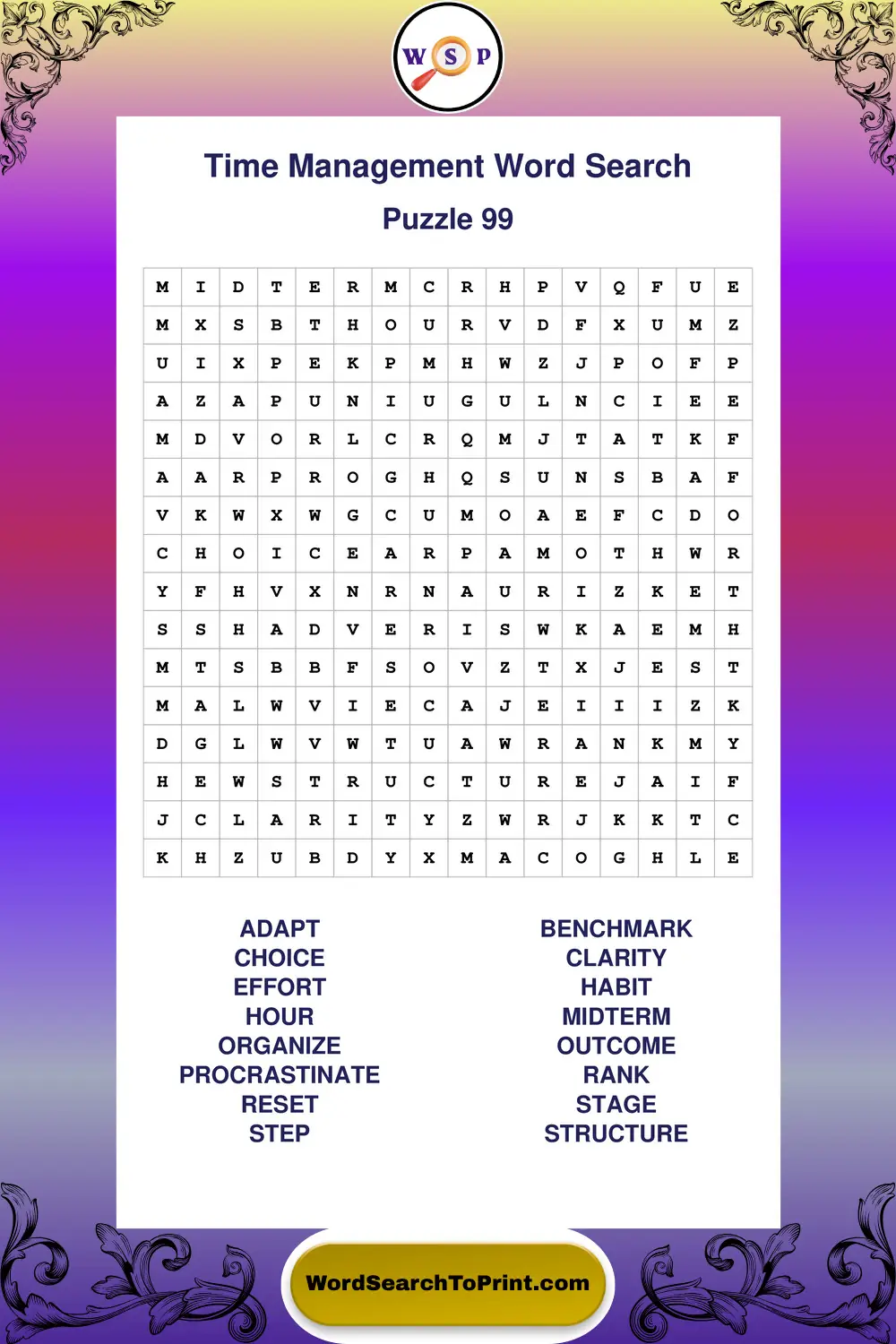 Time Management Word Search Puzzle 99