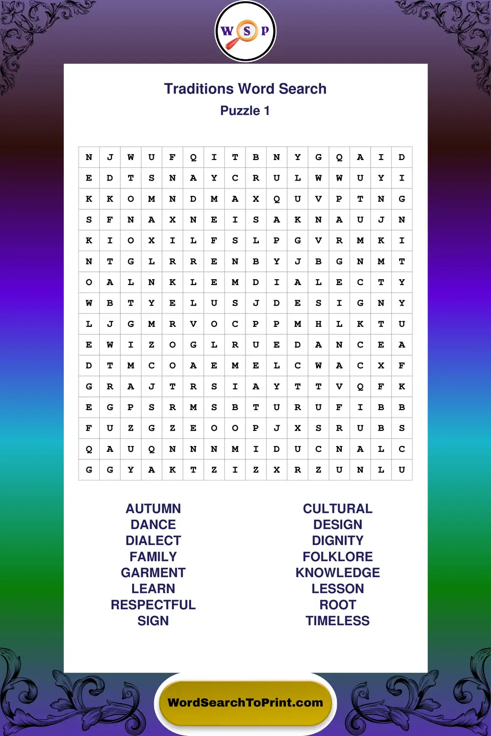 Traditions Word Search Puzzle 1