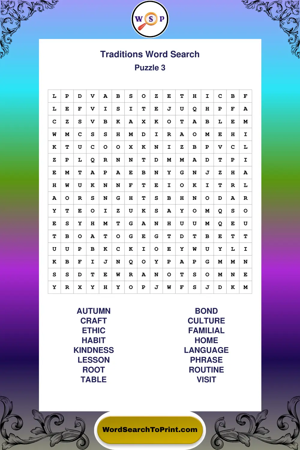 Traditions Word Search Puzzle 3