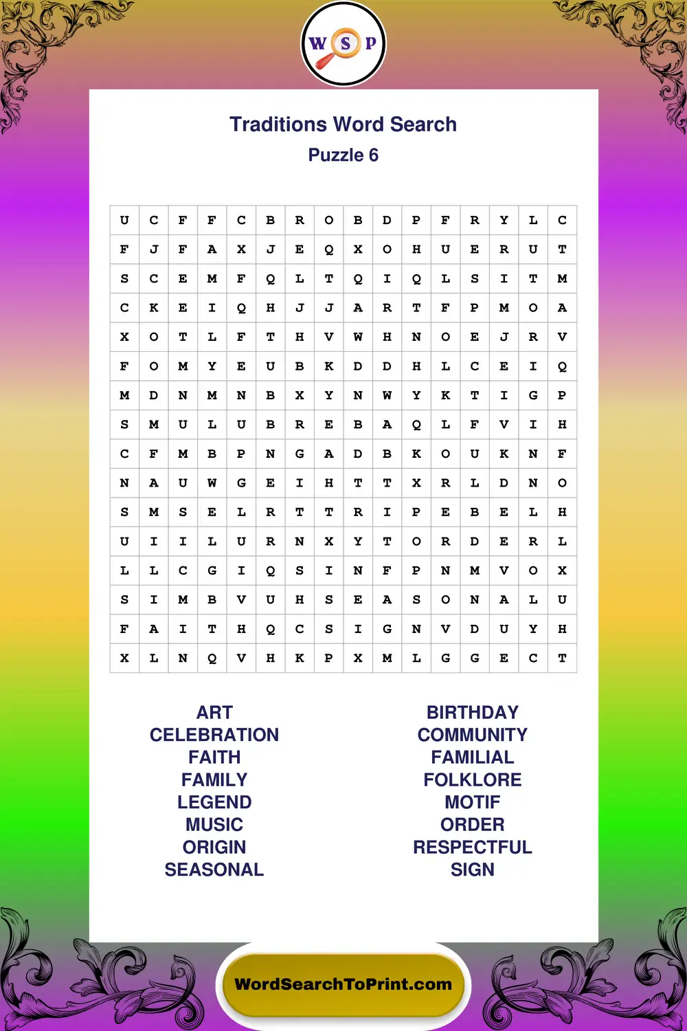 Traditions Word Search Puzzle 6