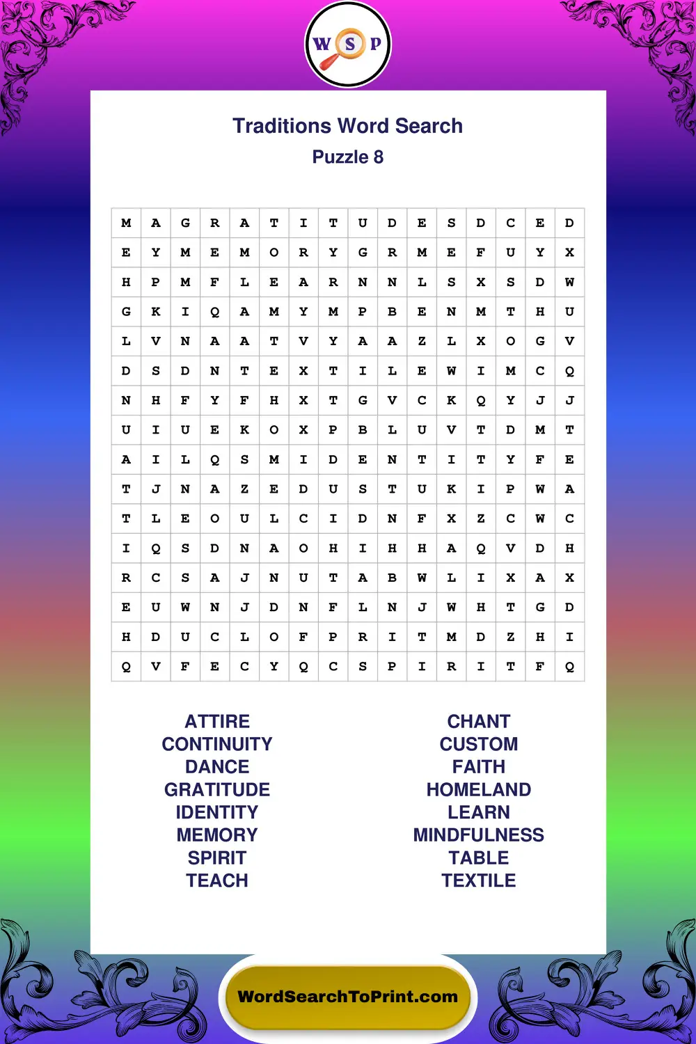 Traditions Word Search Puzzle 8