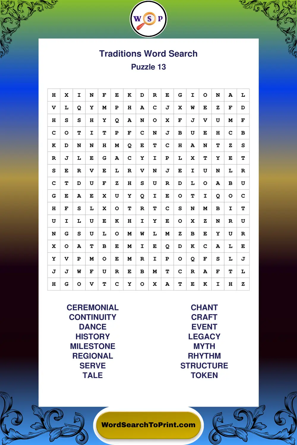 Traditions Word Search Puzzle 13