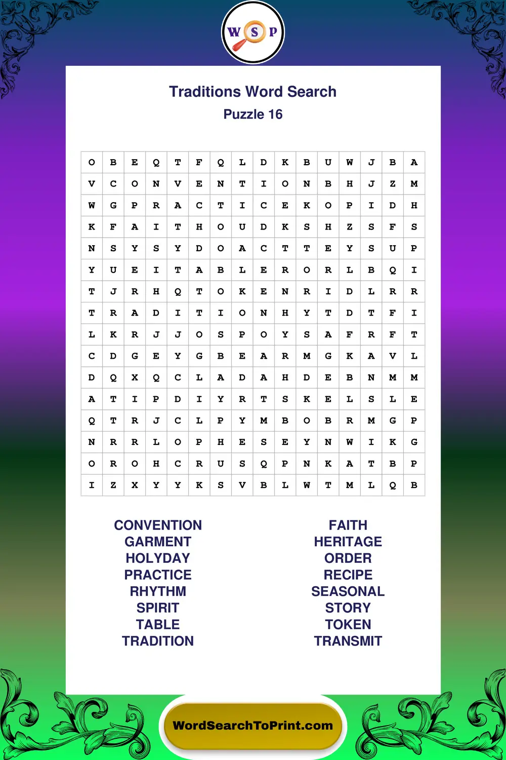 Traditions Word Search Puzzle 16
