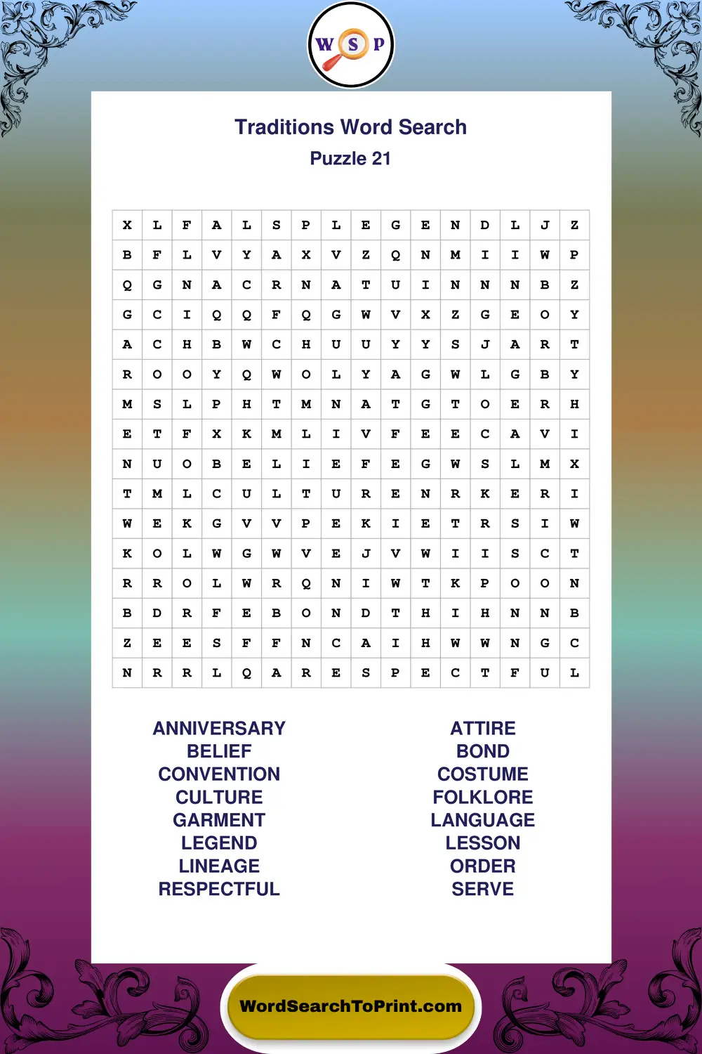 Traditions Word Search Puzzle 21