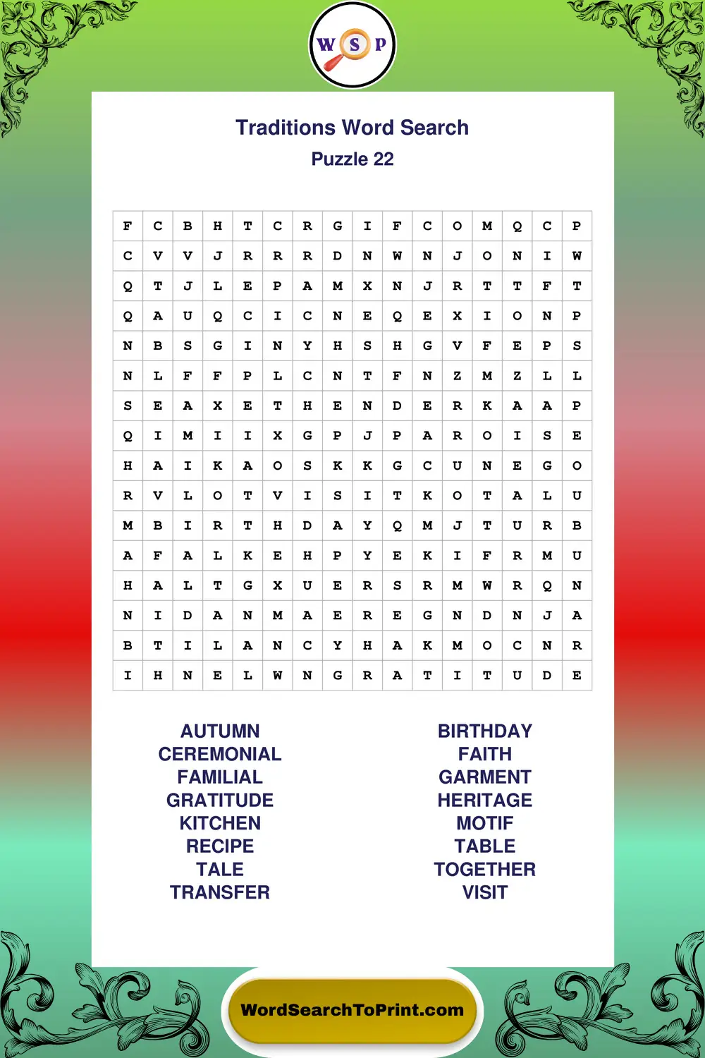 Traditions Word Search Puzzle 22
