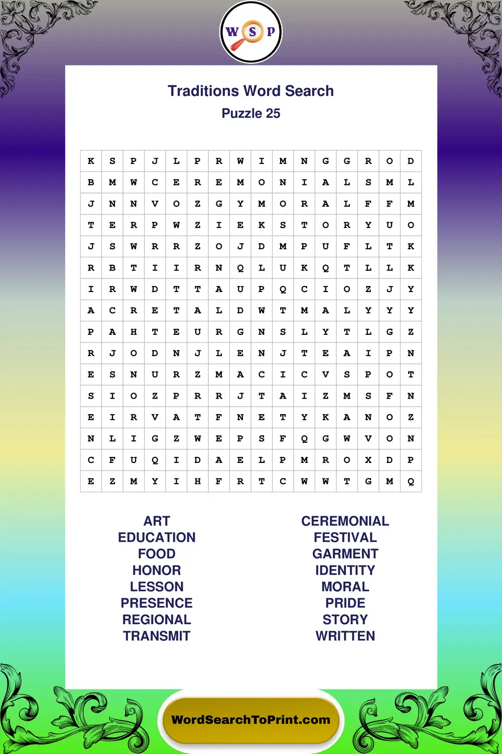 Traditions Word Search Puzzle 25