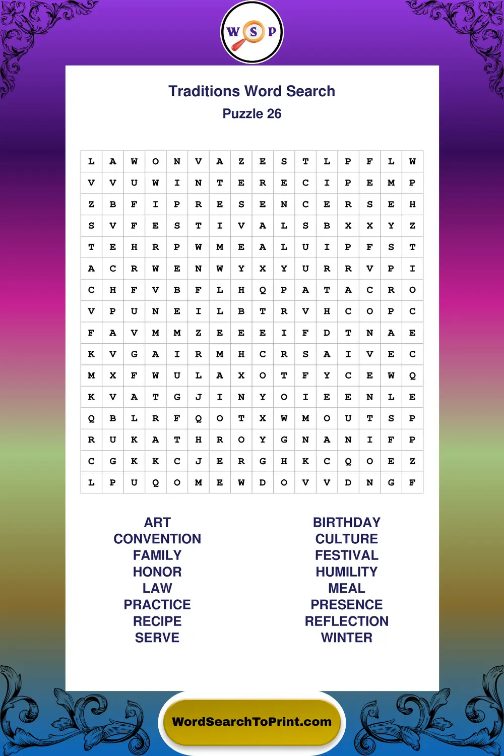 Traditions Word Search Puzzle 26