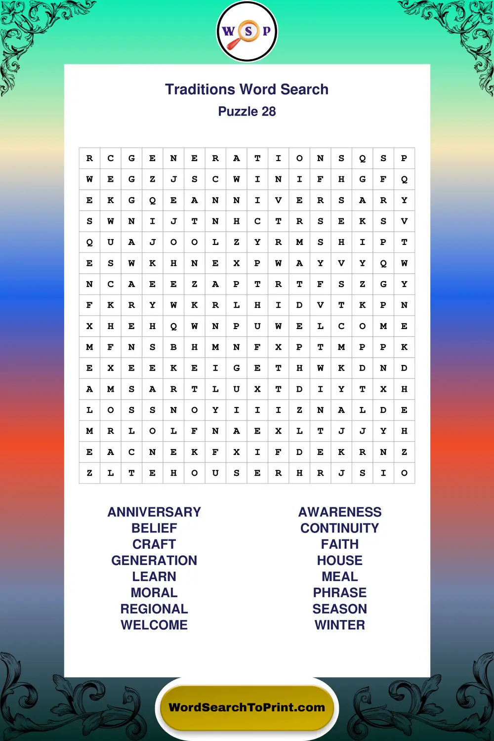 Traditions Word Search Puzzle 28