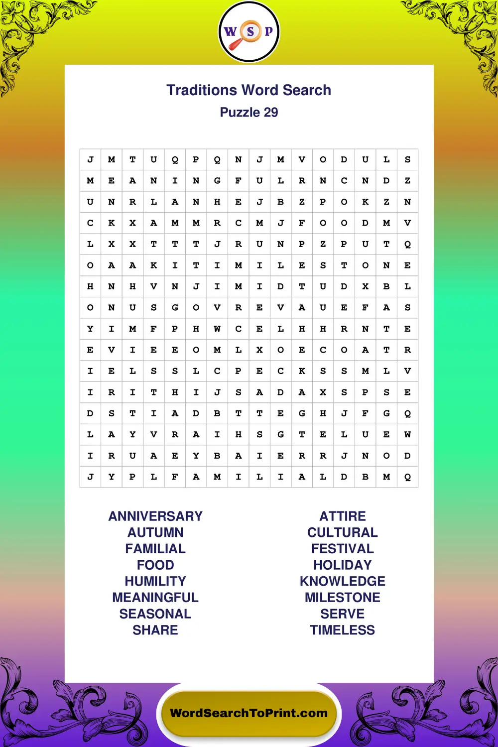 Traditions Word Search Puzzle 29