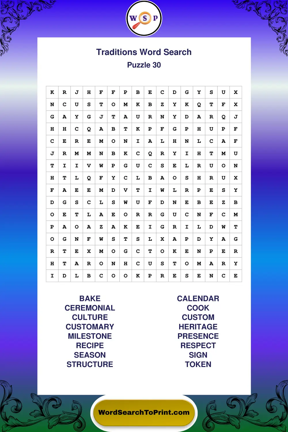 Traditions Word Search Puzzle 30