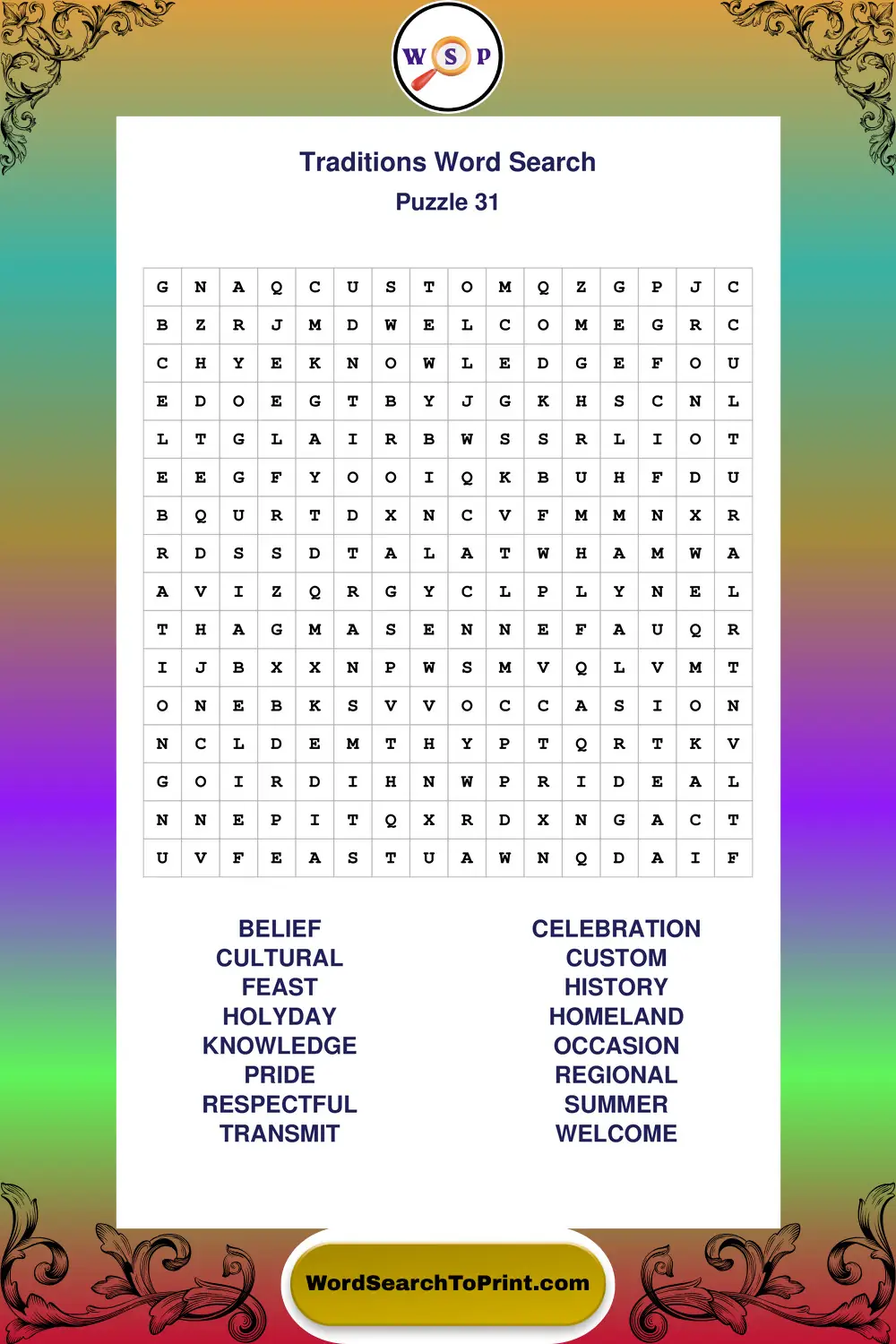 Traditions Word Search Puzzle 31