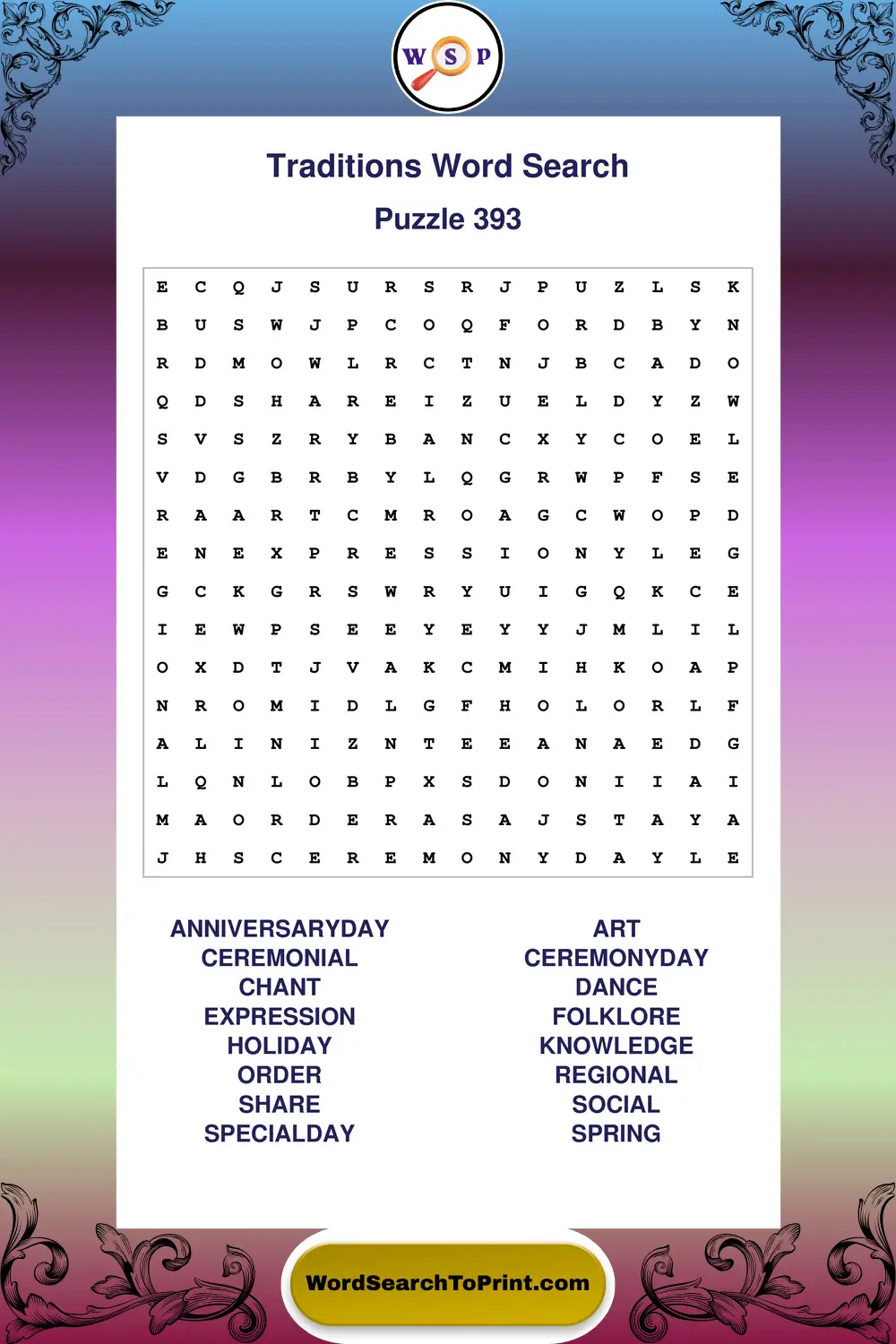 Traditions Word Search Puzzle 393