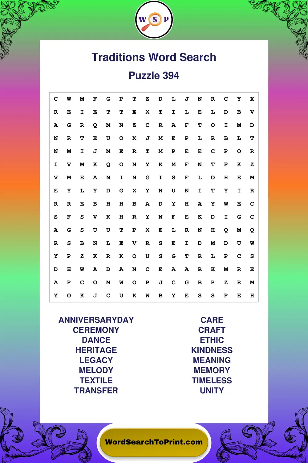 Traditions Word Search Puzzle 394