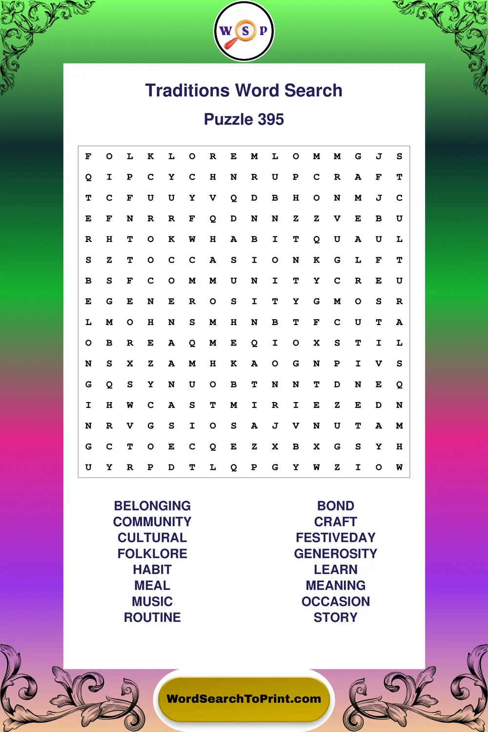 Traditions Word Search Puzzle 395