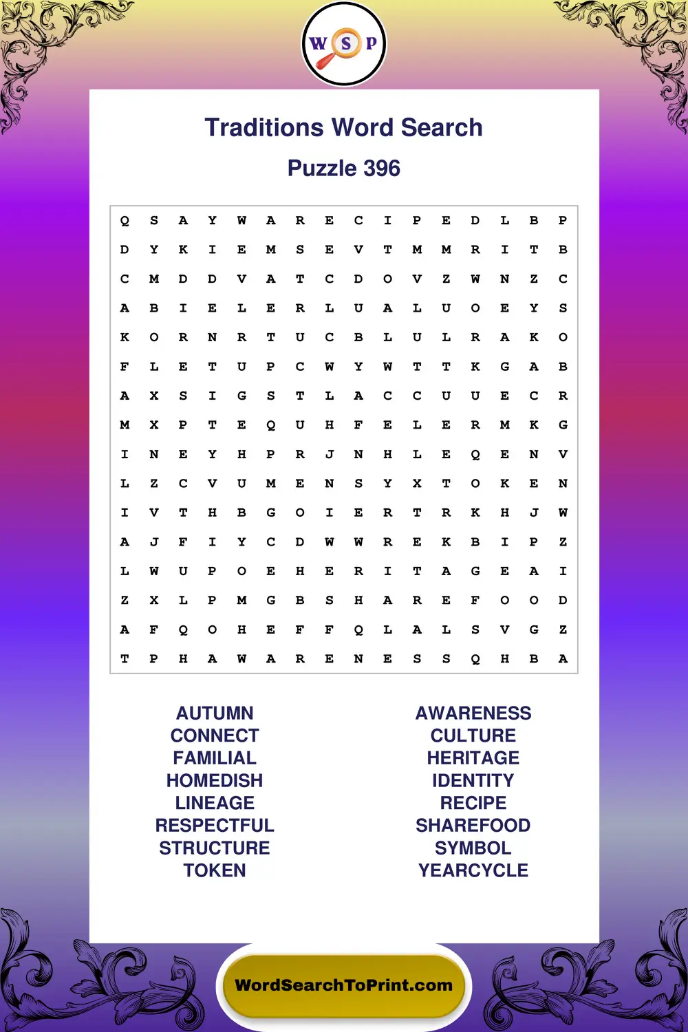 Traditions Word Search Puzzle 396
