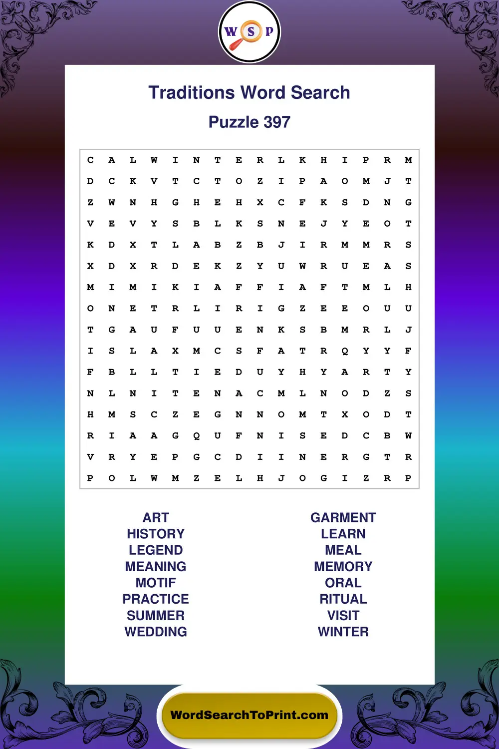Traditions Word Search Puzzle 397