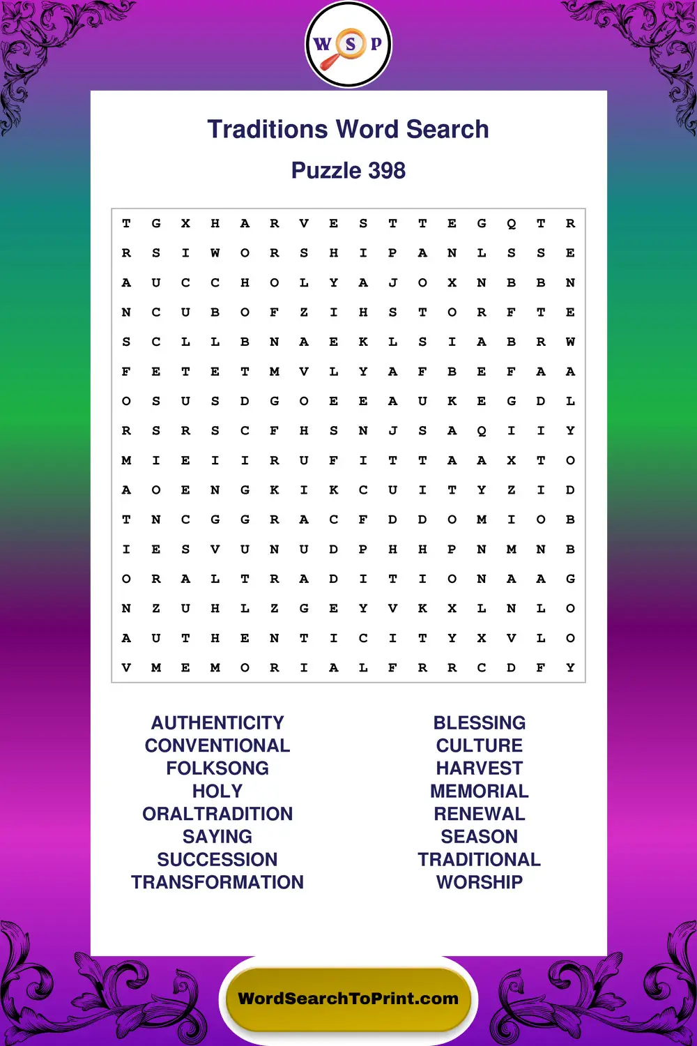 Traditions Word Search Puzzle 398