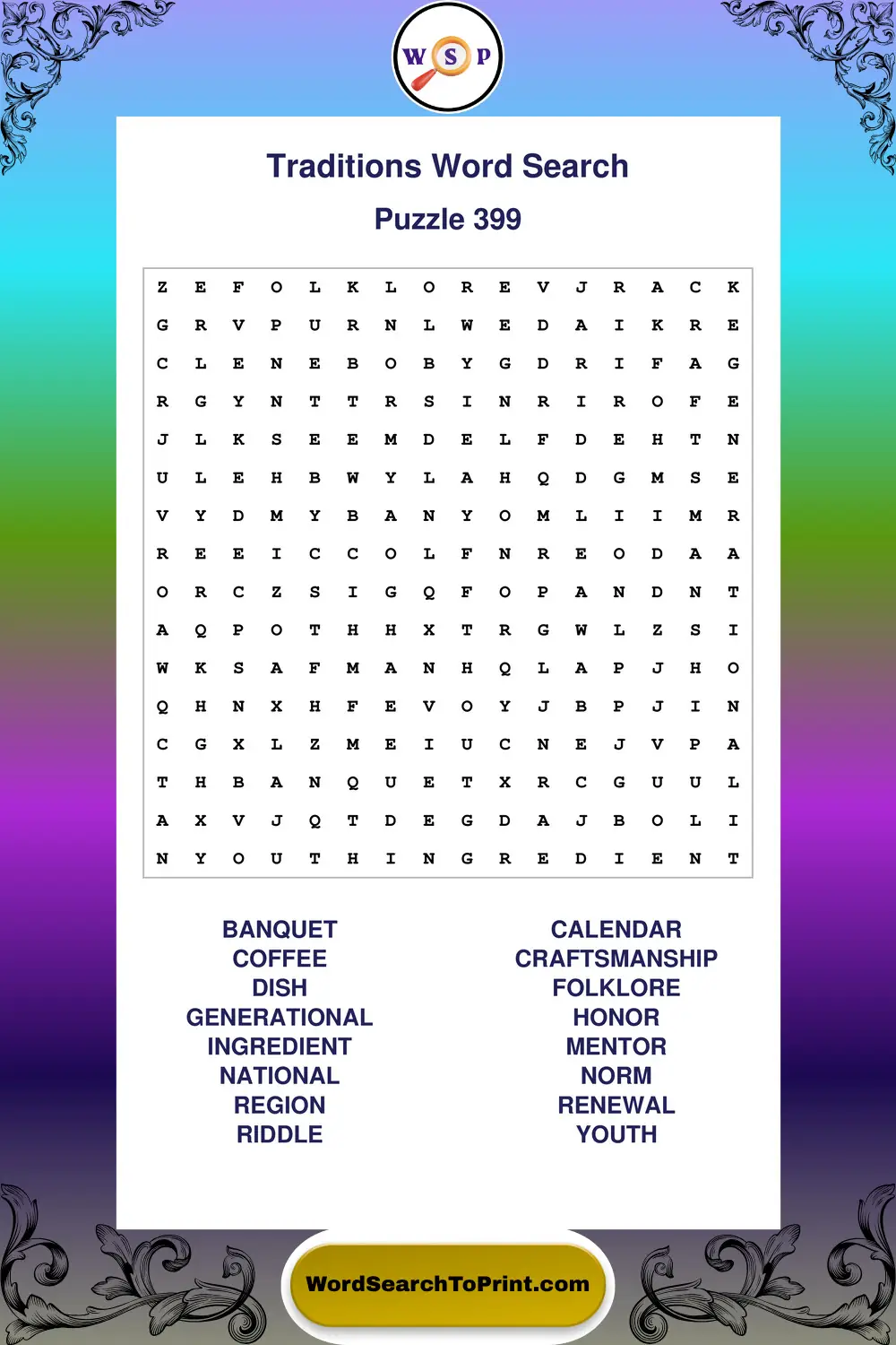 Traditions Word Search Puzzle 399