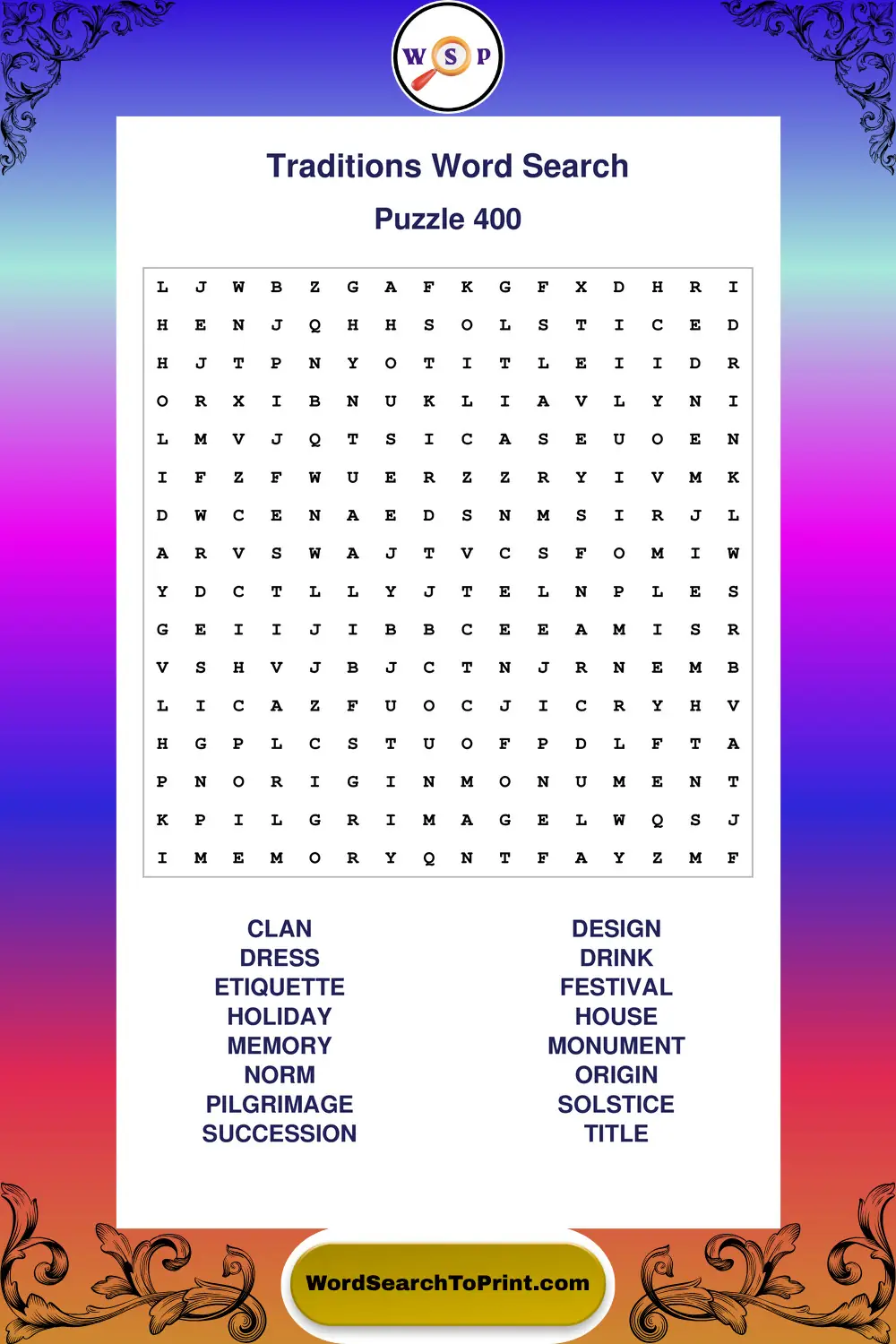 Traditions Word Search Puzzle 400
