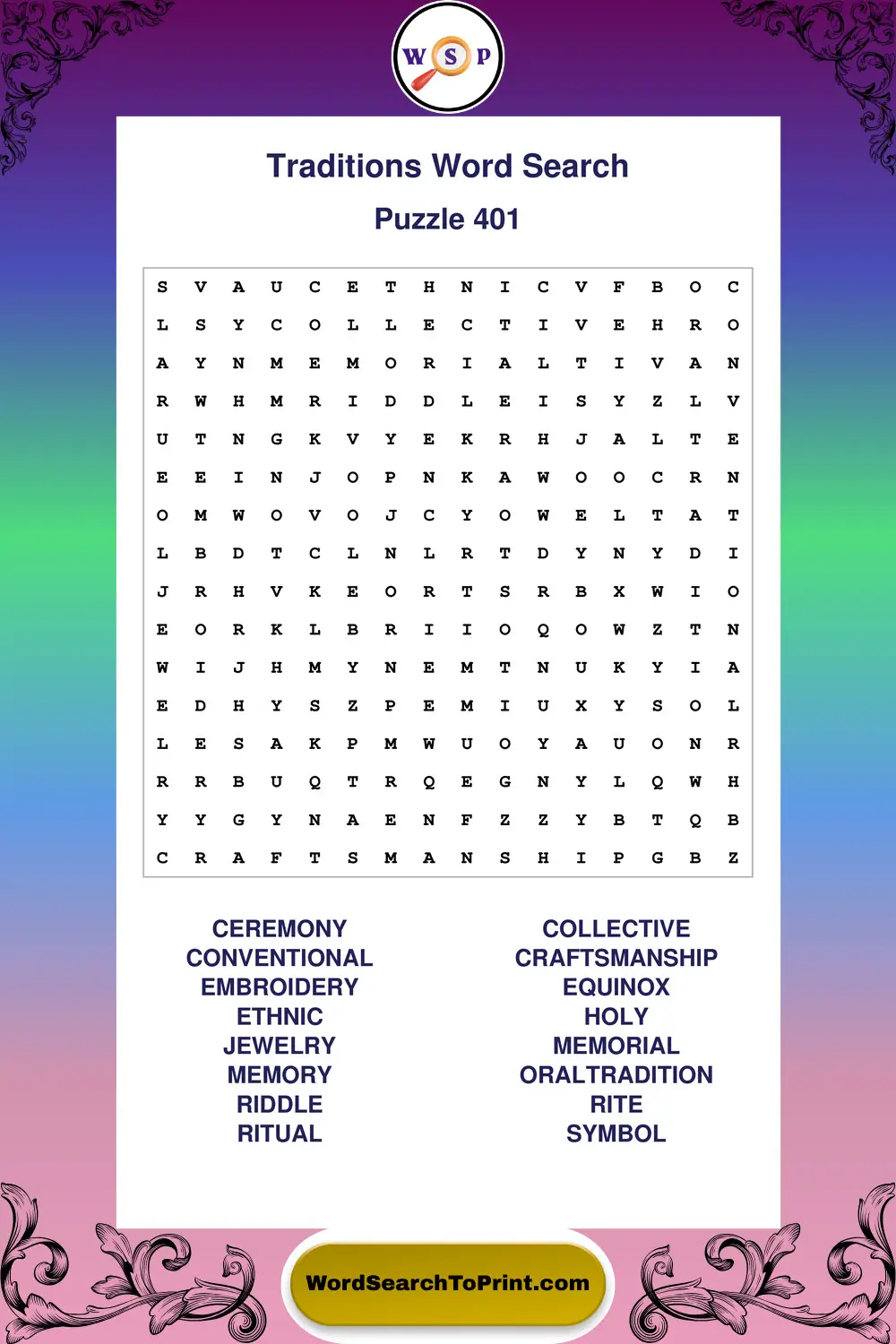 Traditions Word Search Puzzle 401