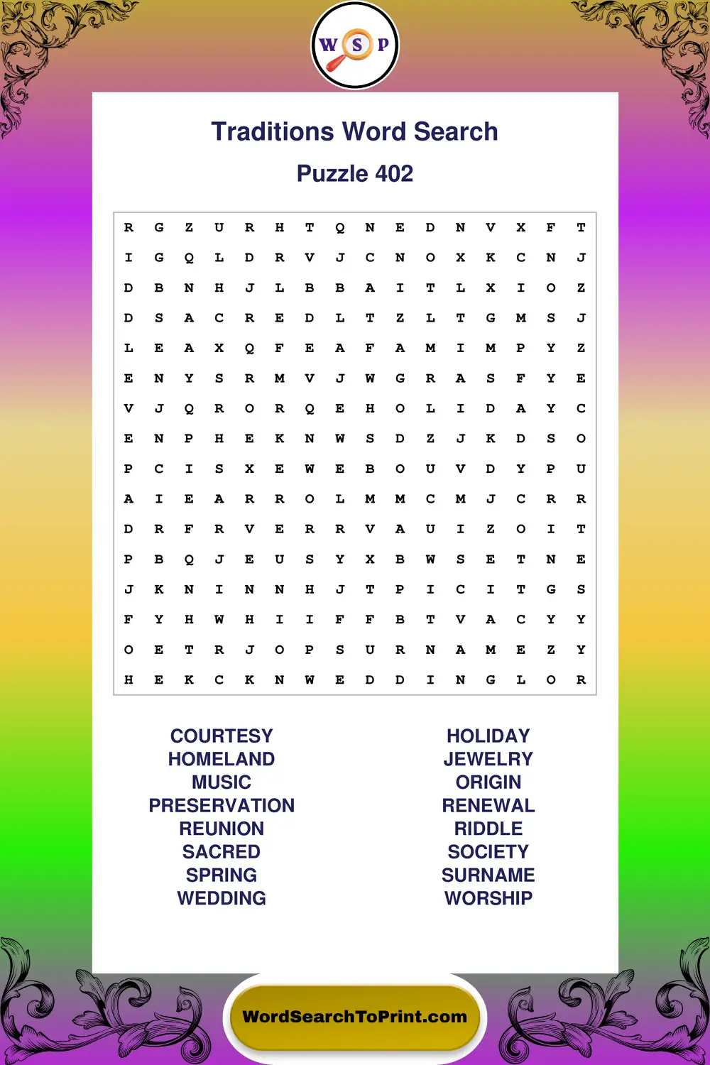 Traditions Word Search Puzzle 402