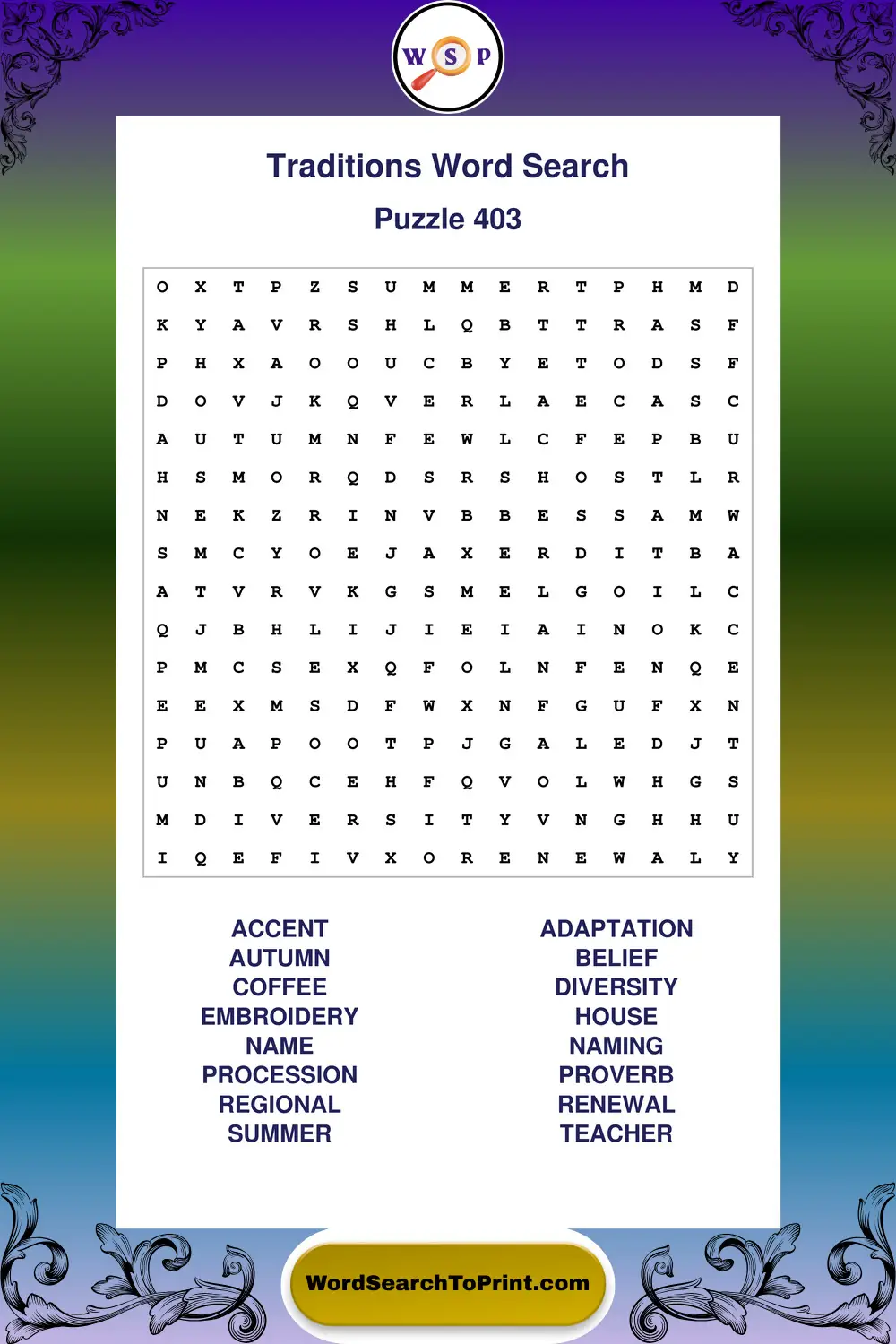 Traditions Word Search Puzzle 403