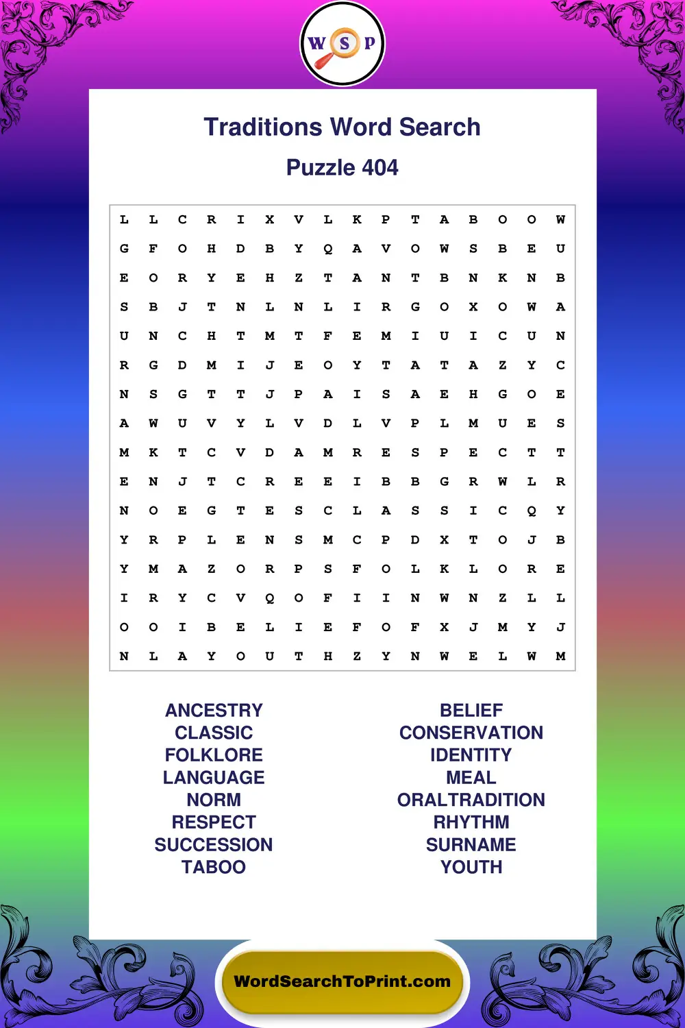 Traditions Word Search Puzzle 404