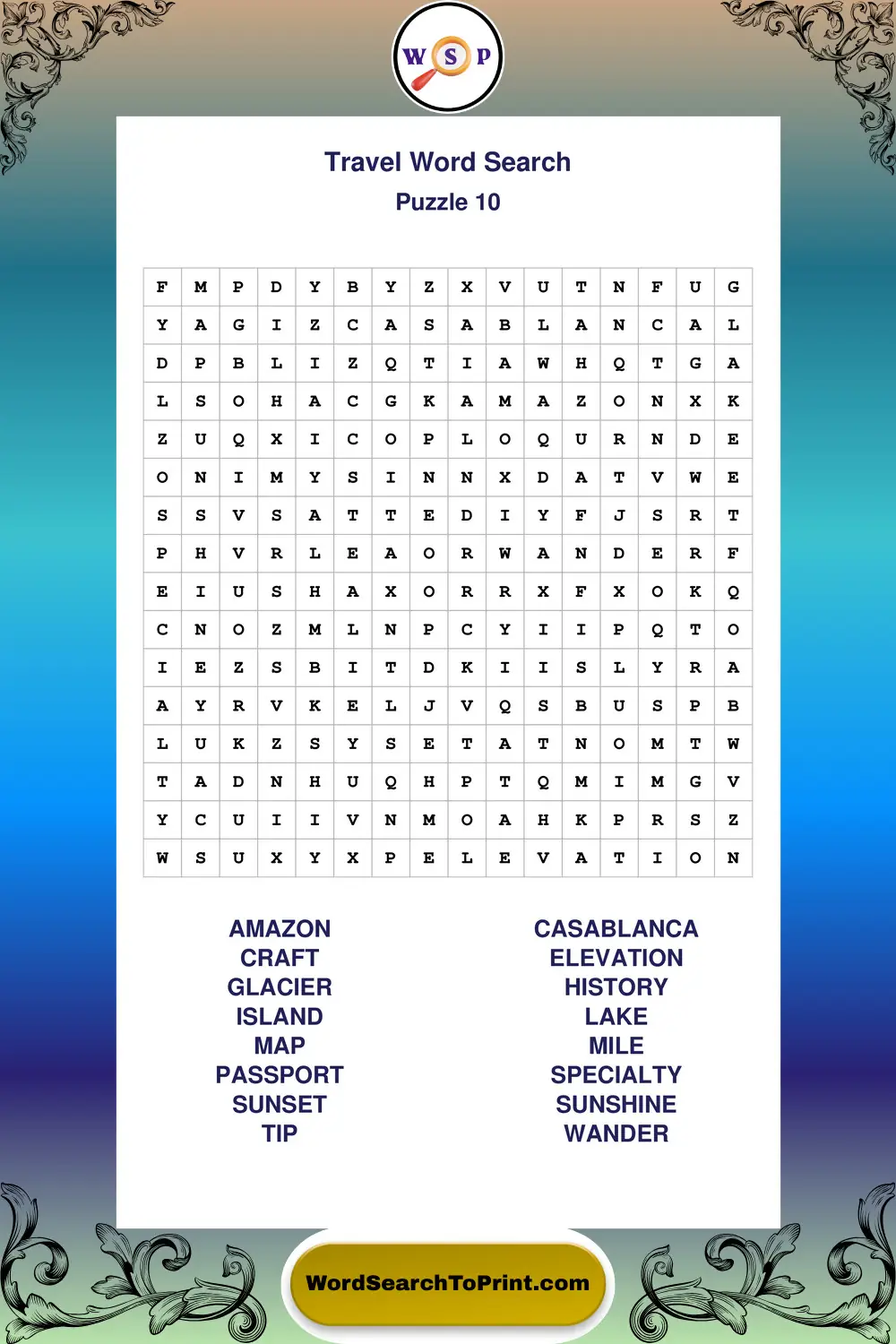 Travel Word Search Puzzle 10